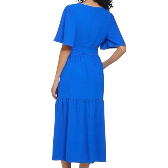 DKNY Midi Dress Womens Size 8 Royal Blue Fit & Flare Tiered Tie Waist V-Neck NWT - Picture 3 of 15